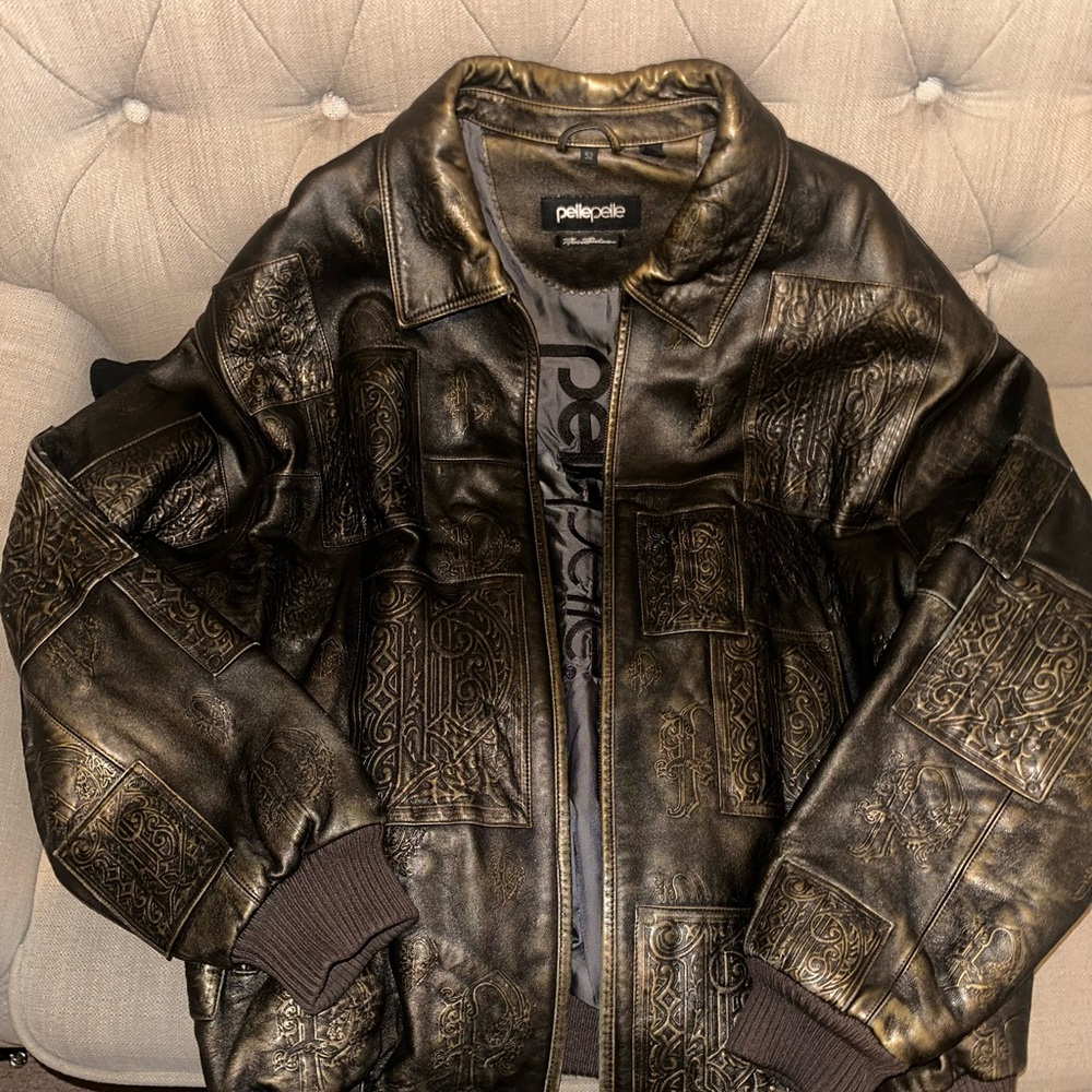 Pelle Pelle Men's Gold Embossed Leather Bomber Jacket